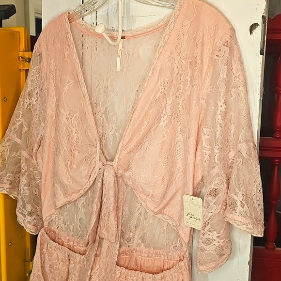 NWT Free People Womens Pink Rose Stretch Floral Lace Cut-out Tiered Mini Dress L - Picture 2 of 6